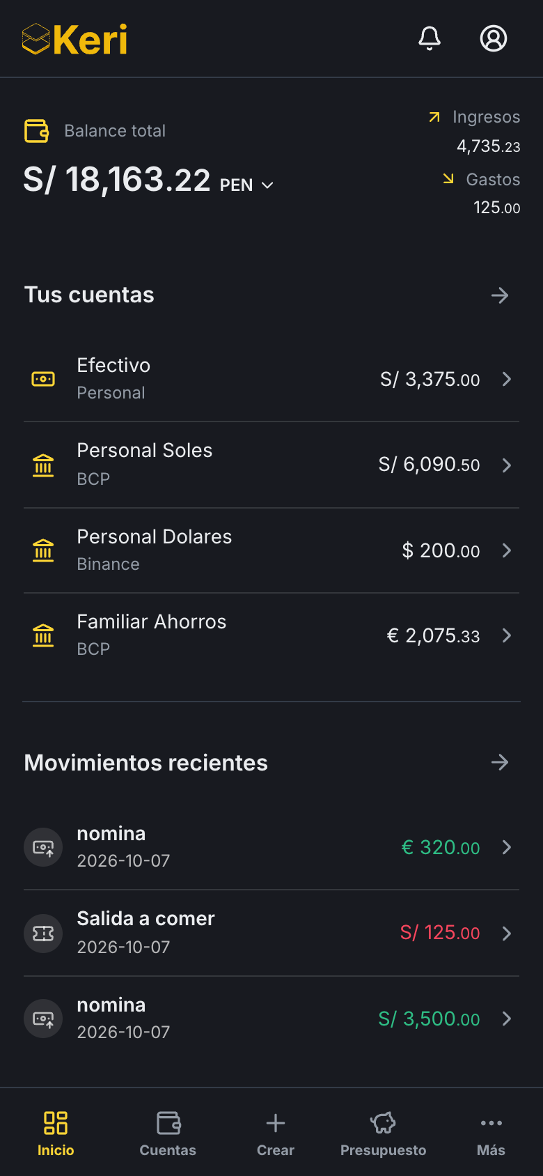 Resumen financiero de la aplicación en móvil, con datos ficticios